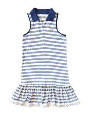 Polo Ralph Lauren Girls Navy White Striped Sleeveless Polo Dress Ruffle XL 16